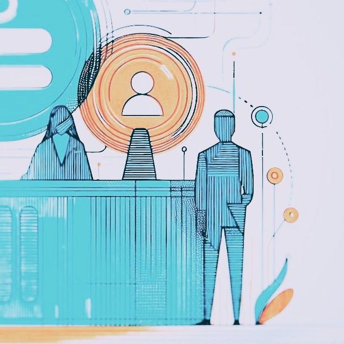 Zeichnung eines Anmeldungstresens mit Mitarbeiterin und Patient